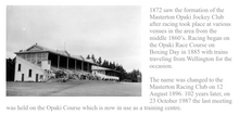 Historical black and white photo of the Opaki Race Course building with text about the Masterton Opaki Jockey Club and racing history.