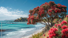 Classic New Zealand beach scene with an example of a flowering Pohutukawa tree and clear blue sky