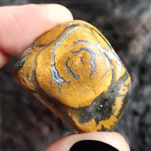 Marisa is holding one of our agate streaked yellow storm jaspers we found whilst fossicking on Riversdale Beach. 