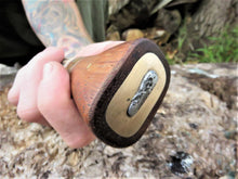 Broad Seax Chopper, detail of the sand cast bronze end cap set into hardwood and the tang peened.