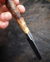 Integral Damascus Clipped Paring Knife, detail of the spalted wood grain of the sycamore handle.